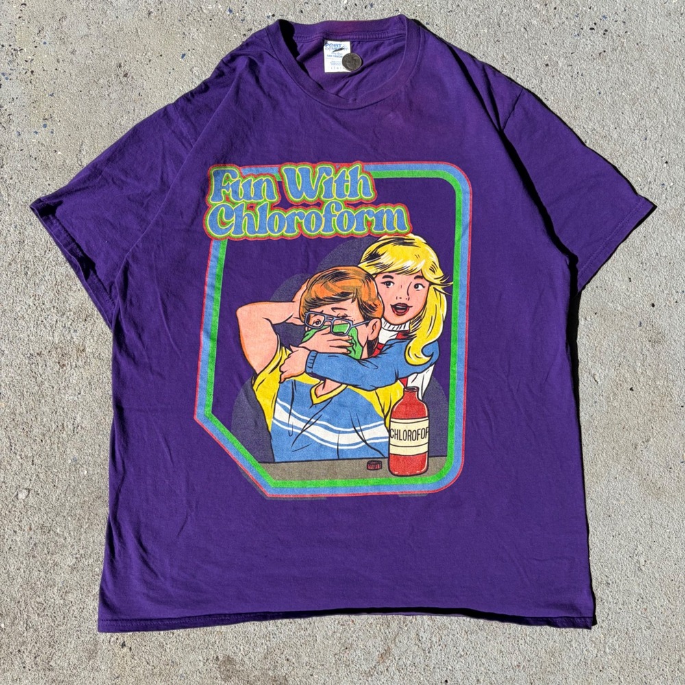 Port & Company Fun With Chloroform Graphic T-Shirt Purple Large Dark Humor Tee